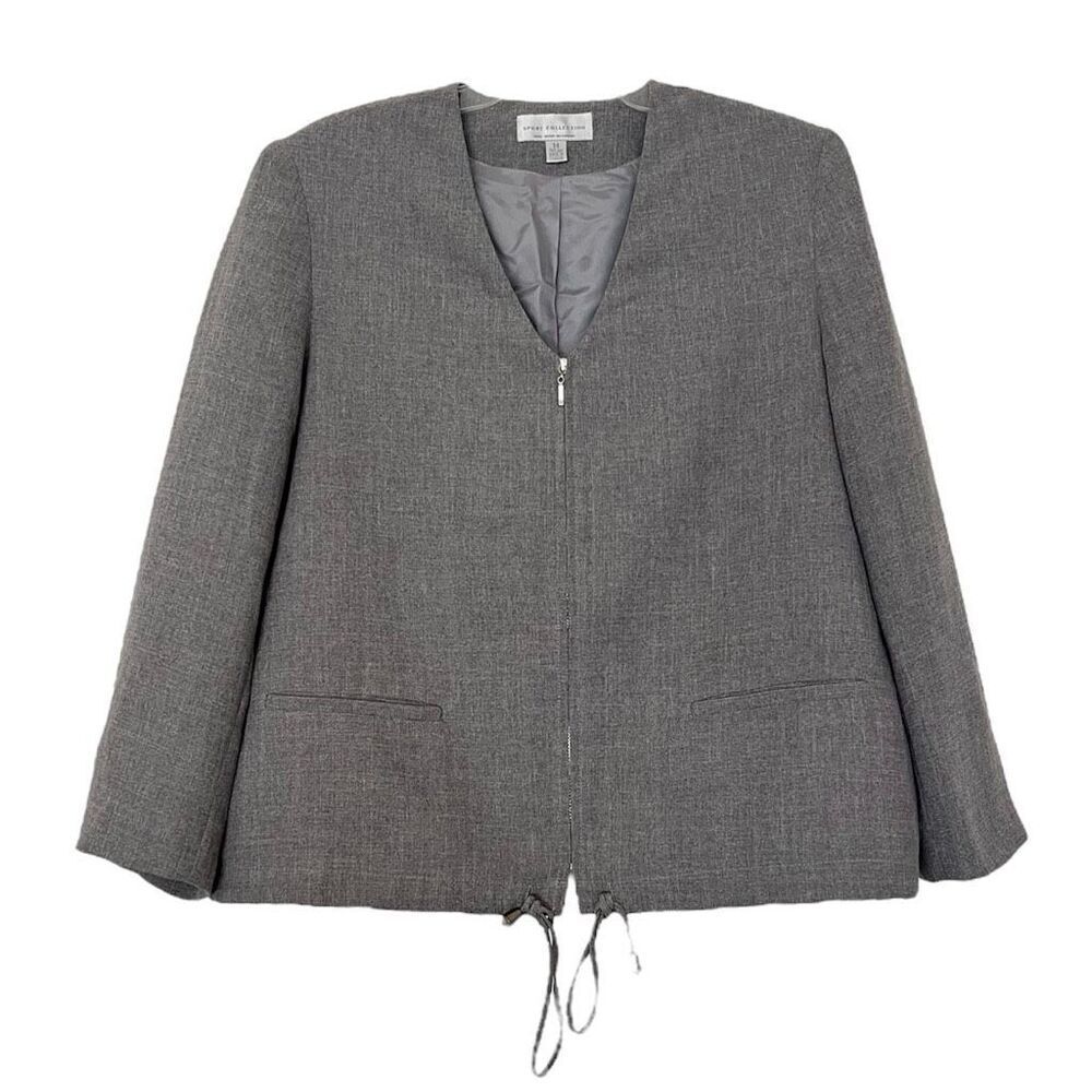 Sport Collection Blazer Jacket Womens 14 Gray Full Zip Collarless Drawstring Hem
